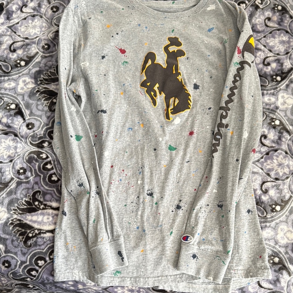 Champion Gray and Yellow Long Sleeve Tee with Graphic Design